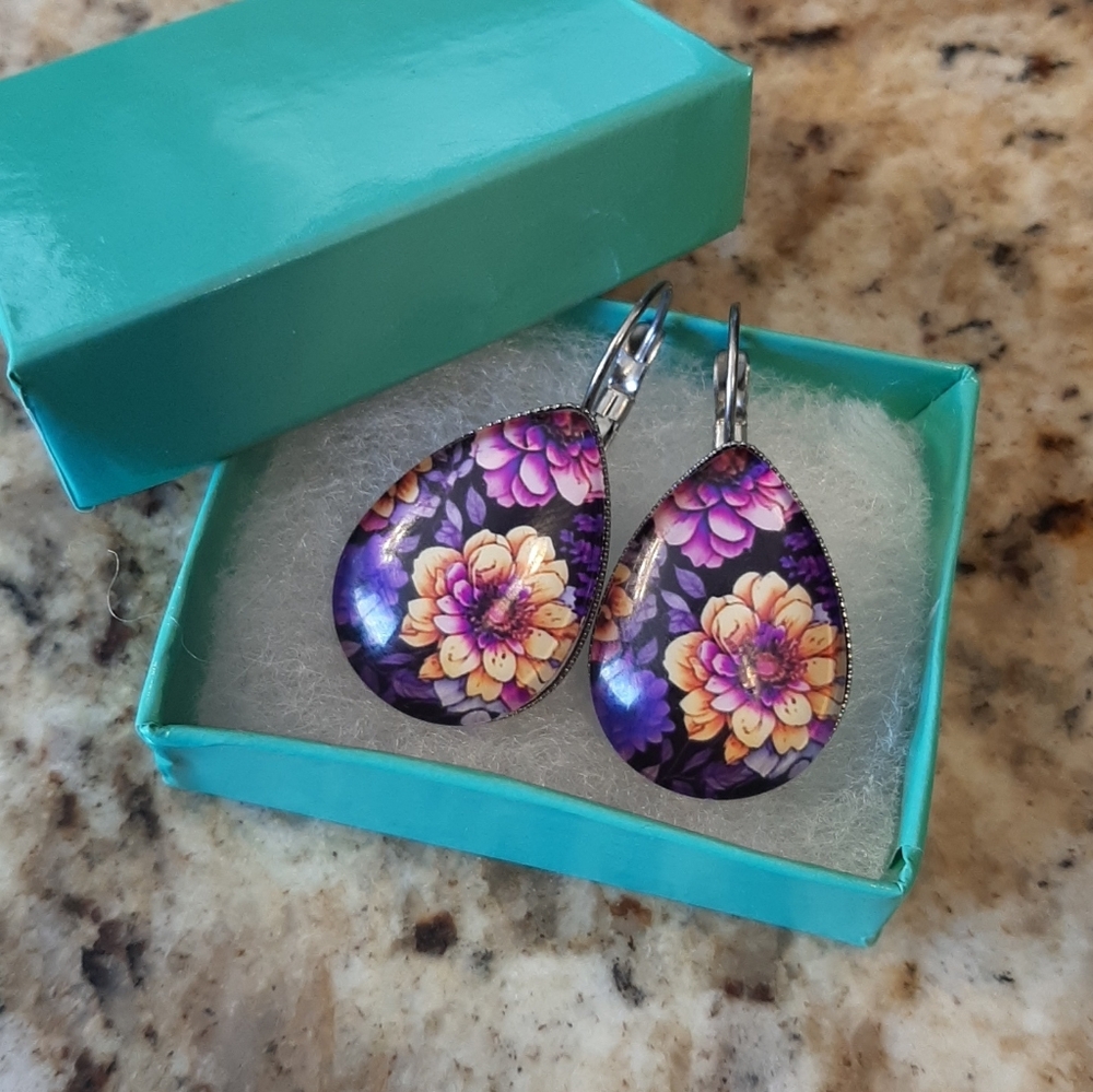 Floral Teardrop Earrings - Purple and Yellow